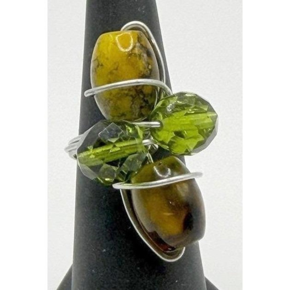 Artisan Wire Wrapped Ring Green‎ Faceted Glass Brown Beads Sz 5.5